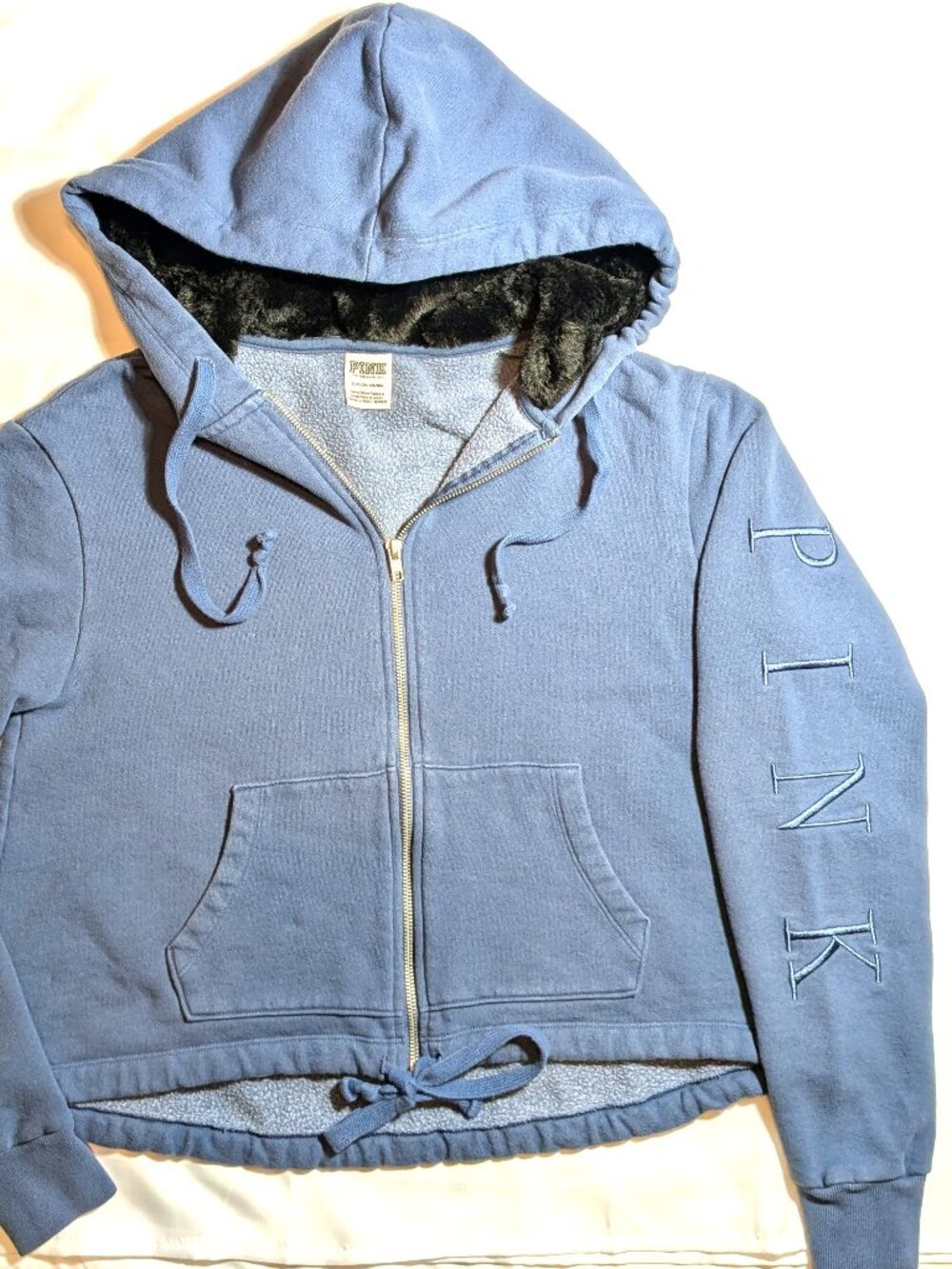PINK Victoria's Secret Cropped Zip-Up Sweatshirt Blue, Fur Lined Hood Size Small